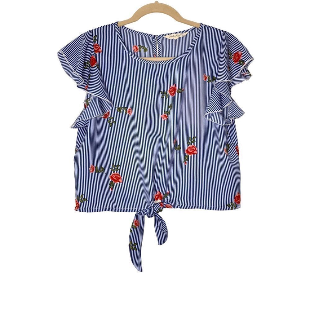 INDULGE | WOMEN’S CROP TIE FRONT BLOUSE‎ TOP PINSTRIPES BLUE WHITE WITH ROSES M